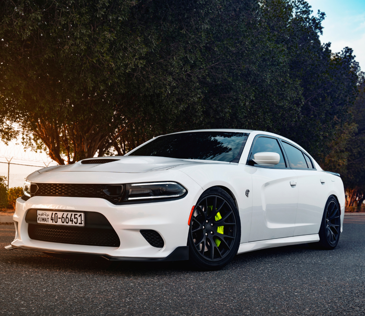 White Dodge Charger on asphalt road with a tree-lined background.