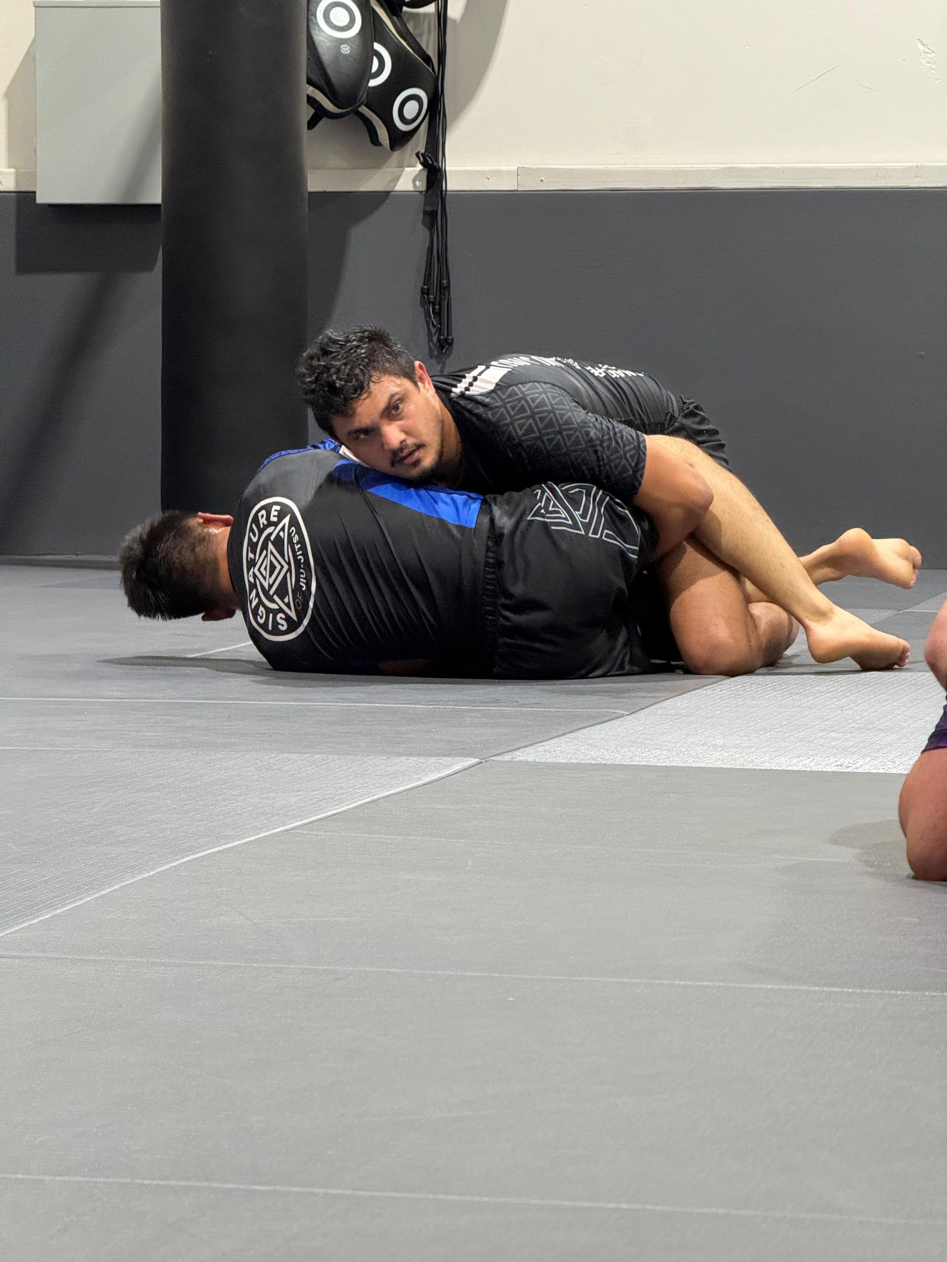 Adults practicing Brazilian Jiu-Jitsu at Signature of Jiu-Jitsu in Belmont, CA, building calm confidence and fitness.