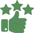 Green thumbs up with three green stars, indicating a positive rating.