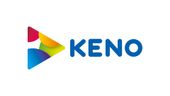 A keno logo with a colorful triangle on a white background.