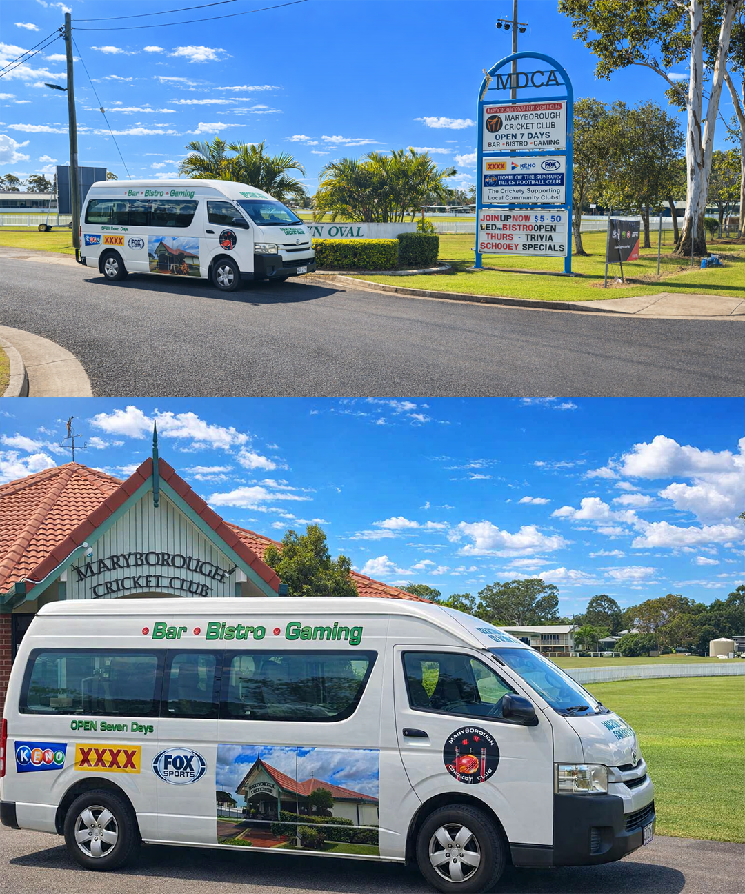 White Shuttle Van Parked by a Sign in a Sunny Green Park — Maryborough Cricket Club In Maryborough, QLD