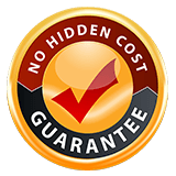 a no hidden cost guarantee badge with a check mark in the center .