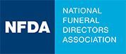 the logo for the national funeral directors association is blue and white .