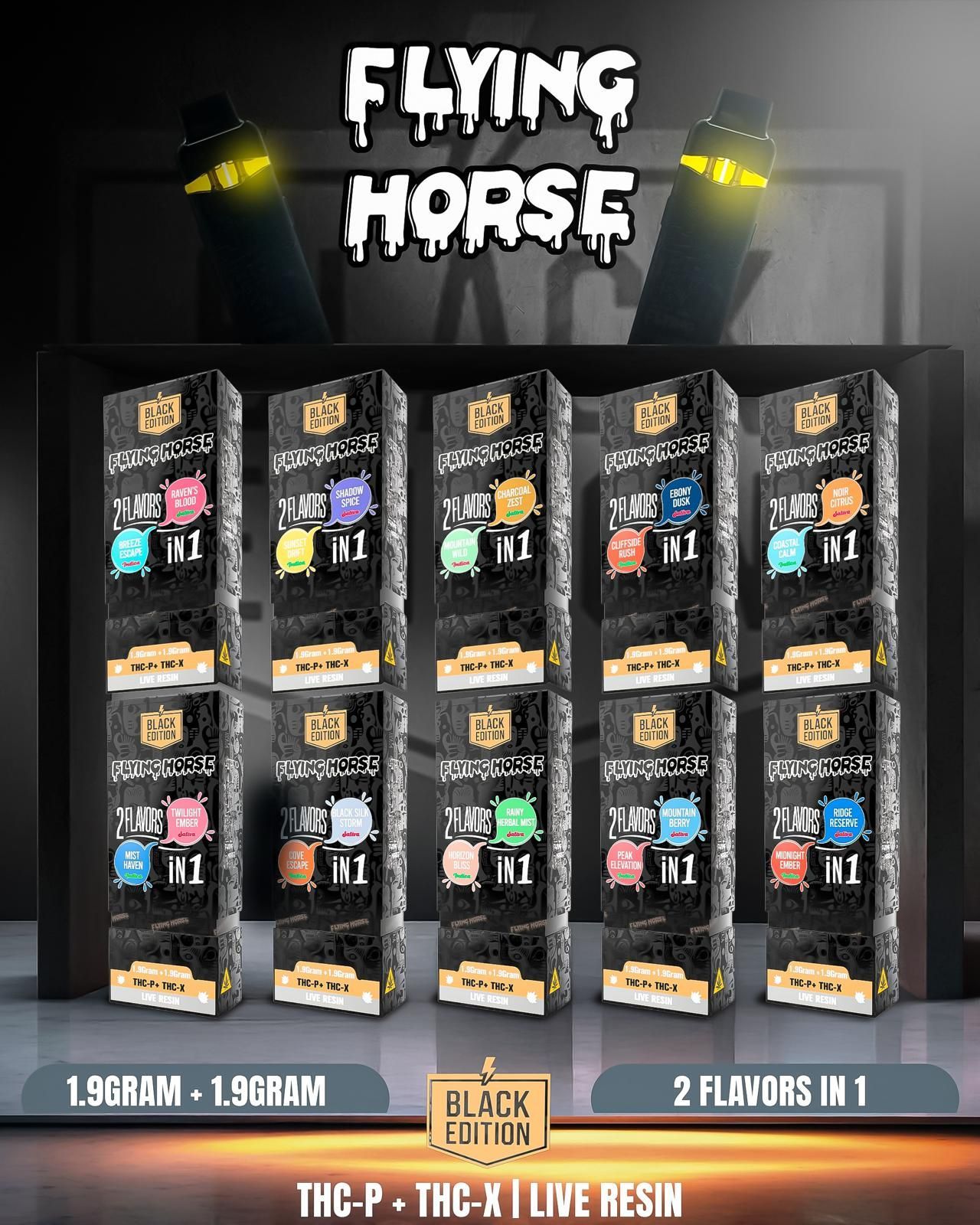Flying Horse THC-P and THC-X live resin vapes, 2 flavors in 1. Black boxes, colorful flavor labels, and neon accents.