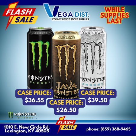 Flash sale: Vega Dist. offers Monster energy drinks. Three cans shown: original, Java, and Zero Sugar, with case prices.
