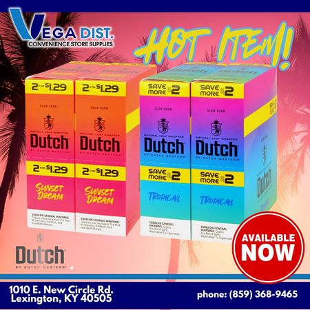 Advertisement for Dutch cigars: two boxes of Sweet Dream and Tropical flavors, with store info and "Available Now" badge.