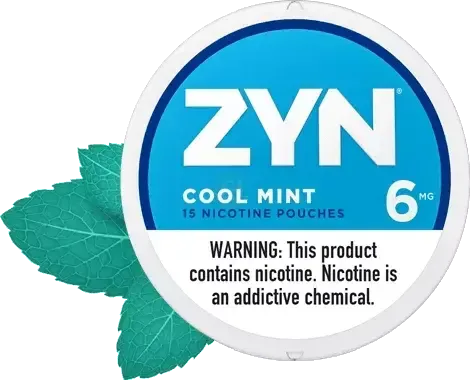 ZYN Cool Mint nicotine pouch container with mint leaves.