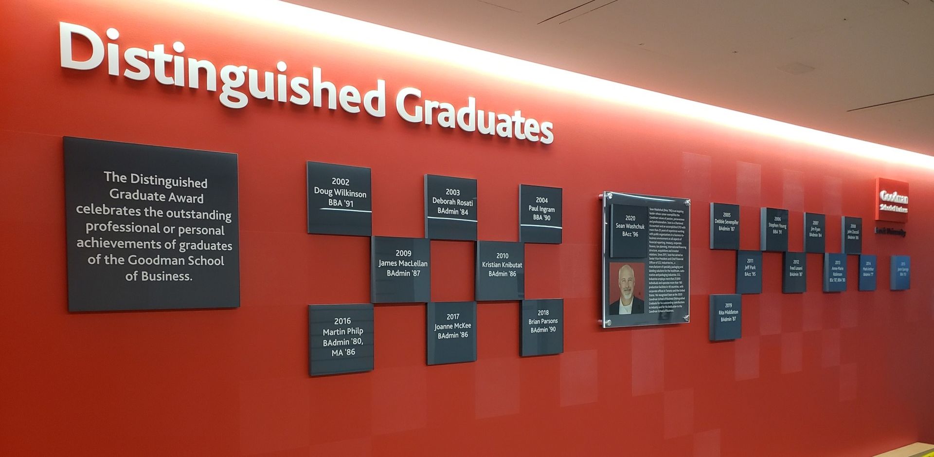 a red wall with the words distinguished graduates on it