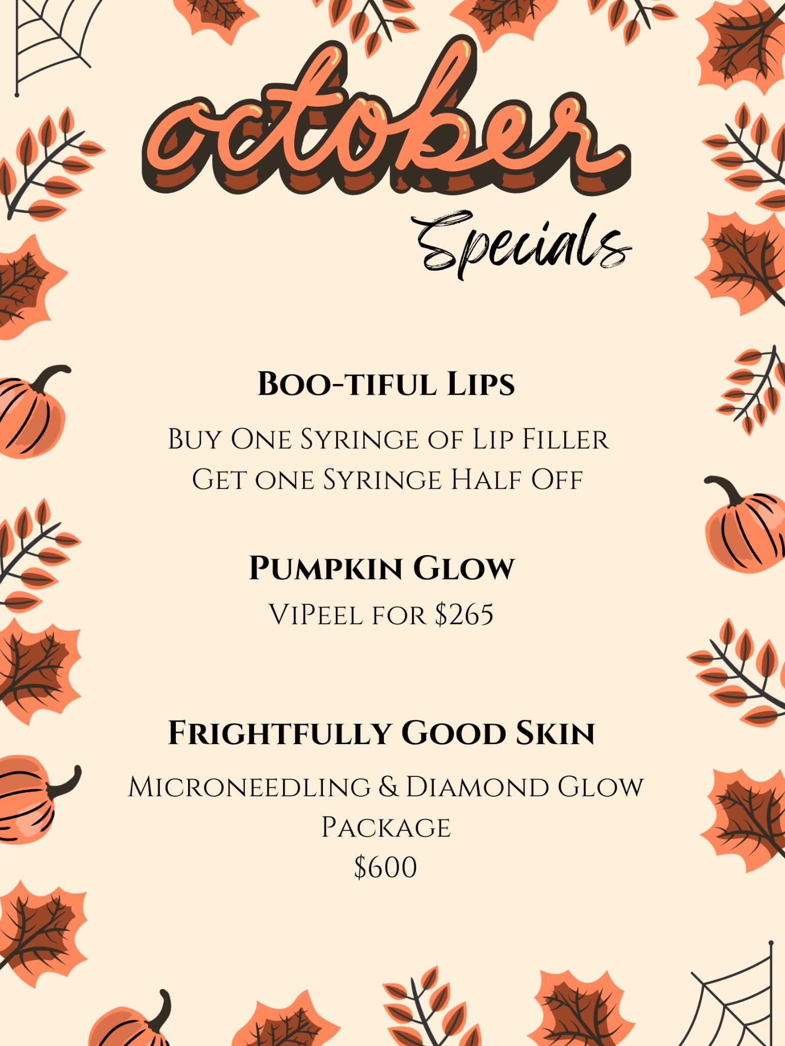 October specials flyer: lip filler, pumpkin peel, and microneedling package. Beige background, fall leaves, and pumpkins.