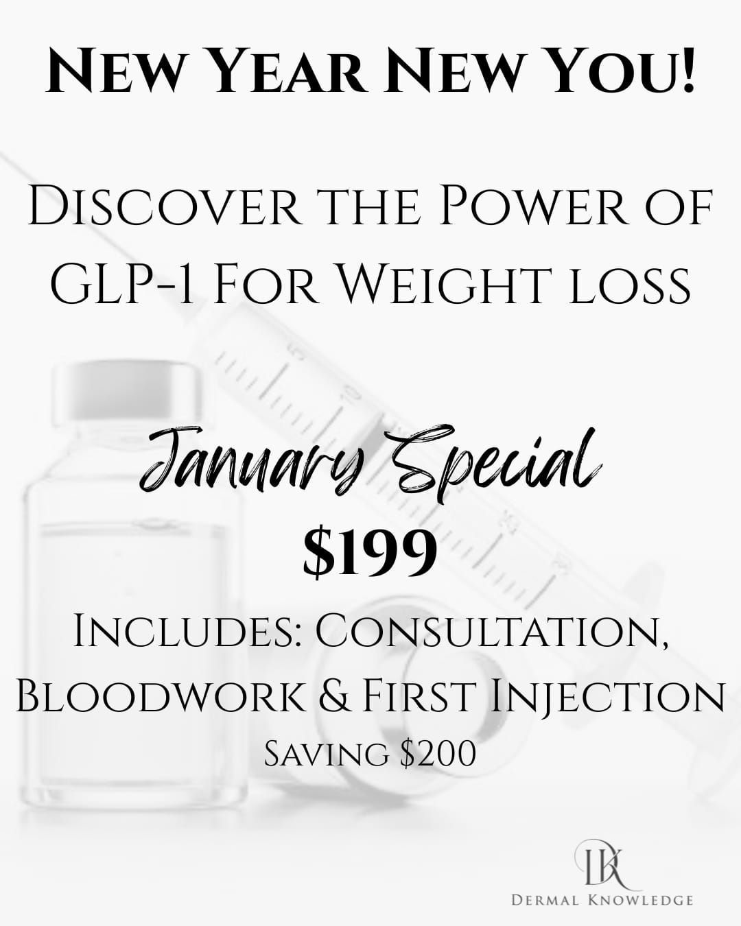 Advertisement for weight loss. Features text, a vial, syringe. States