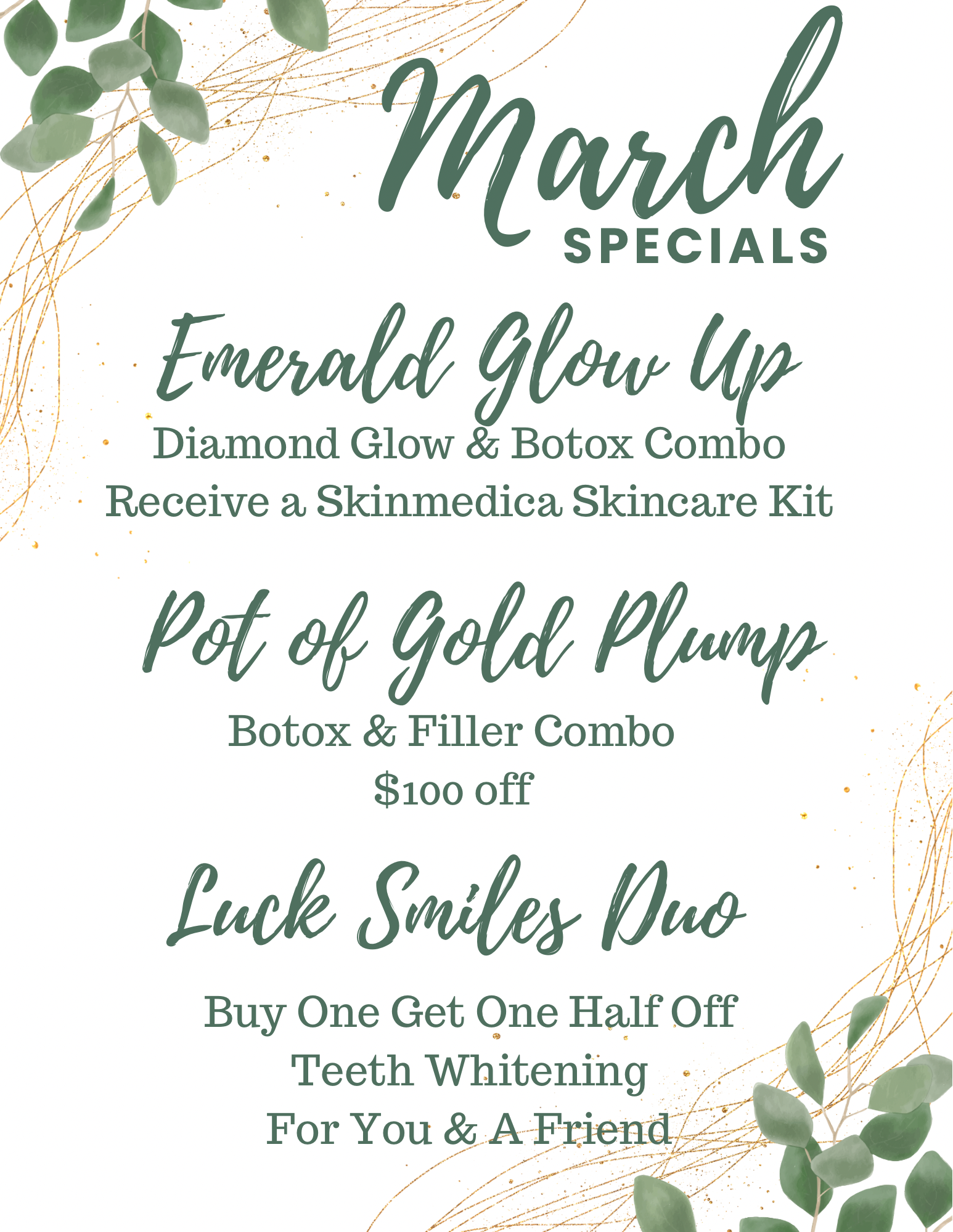 March specials: Emerald Glow Up, Pot of Gold Plump, and Luck Smiles Duo promotions. Green and gold accents.