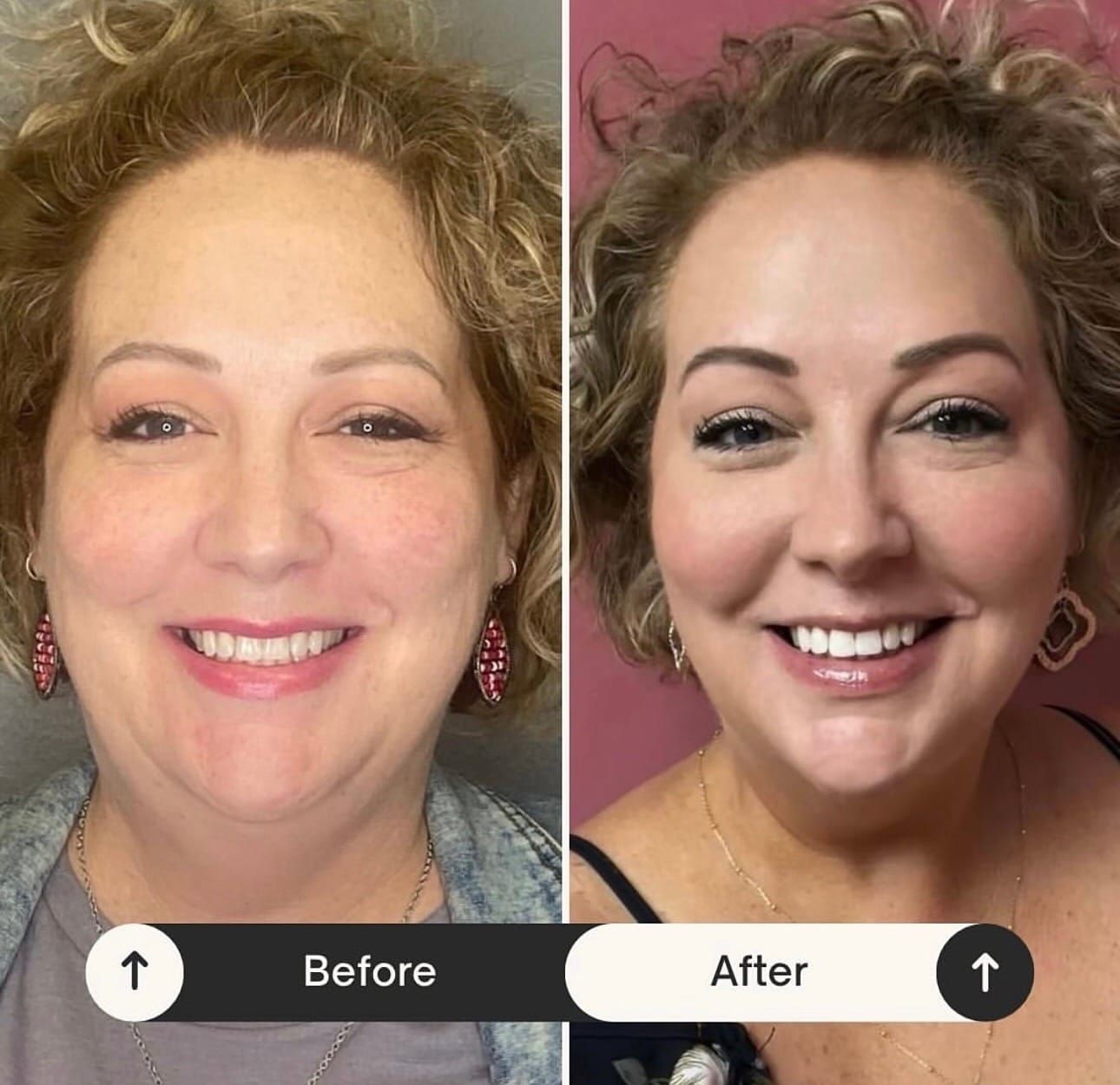 Side-by-side comparison of a woman's face before and after makeup. She smiles in both photos.