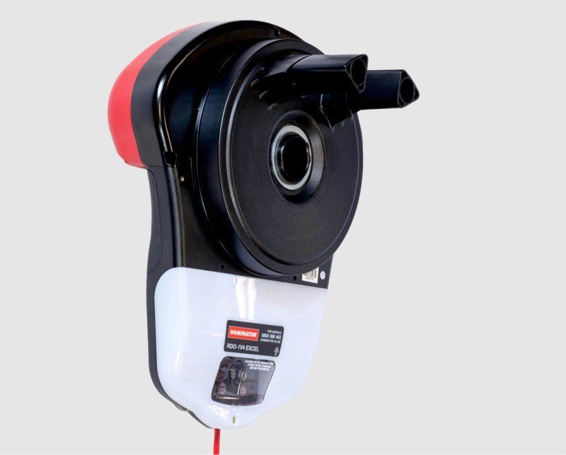 A close up of a garage door opener on a white background.