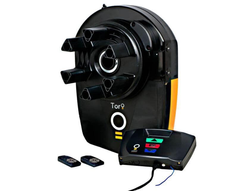 A black and yellow tor 9 garage door opener with two remotes