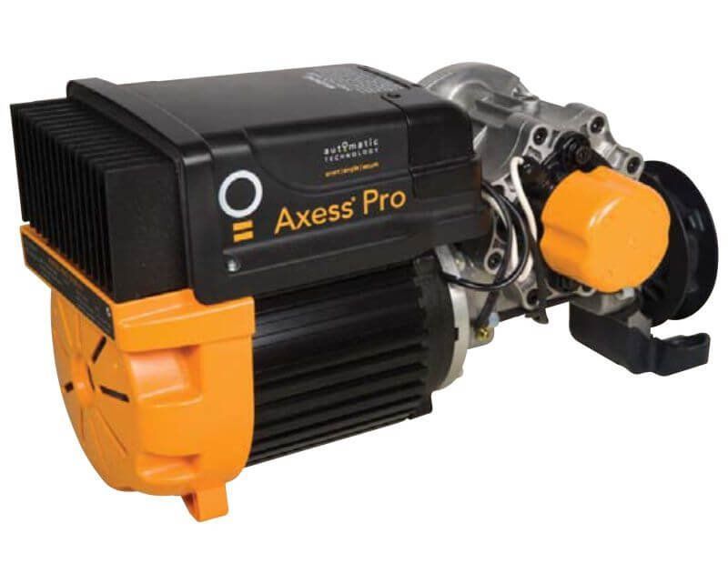 A black and yellow axeess pro motor on a white background