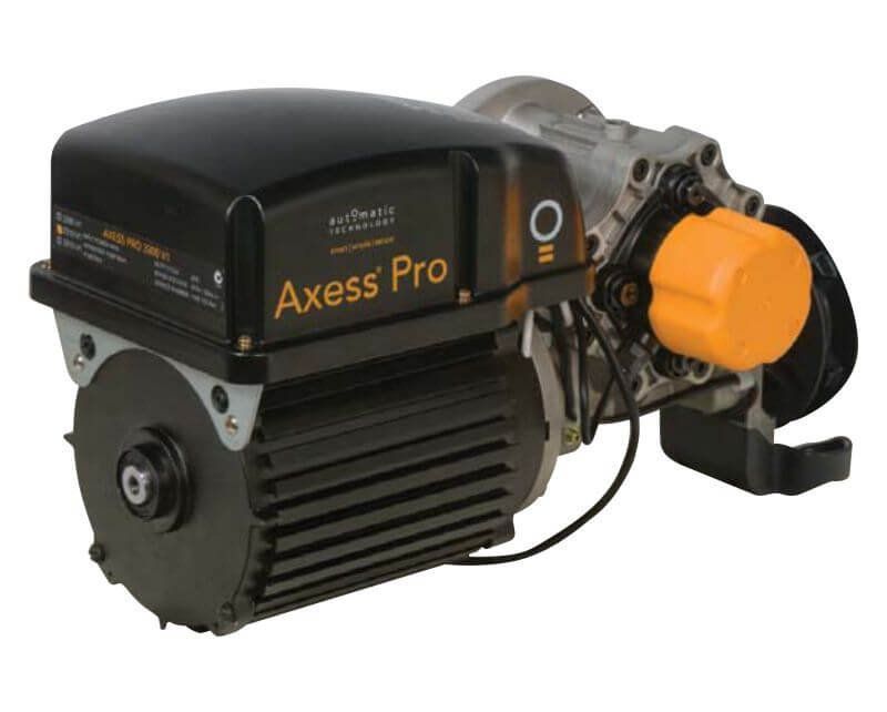 A black and yellow axeess pro motor on a white background