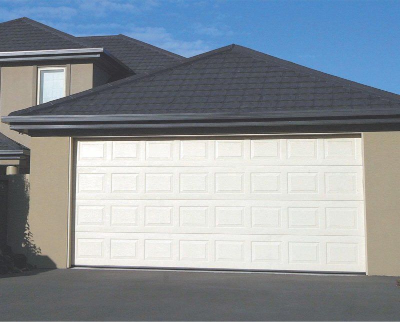 A house with a white garage door and a black roof