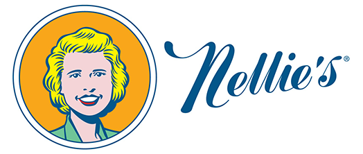 Logo of Nellie's, featuring a smiling woman in a circular frame with a yellow background. The name is in cursive.