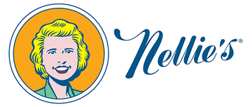 Logo of Nellie's, featuring a smiling woman in a circular frame with a yellow background. The name is in cursive.