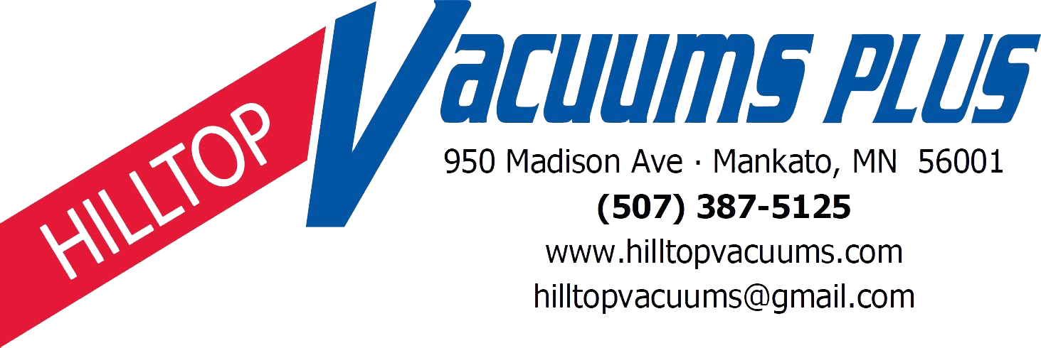 Logo for Hilltop Vacuums Plus, blue text with red diagonal banner; address, phone, and website listed.