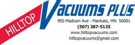 Logo for Hilltop Vacuums Plus, blue text with red diagonal banner; address, phone, and website listed.