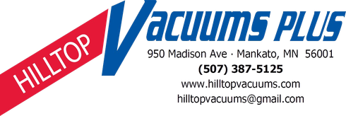 Logo for Hilltop Vacuums Plus, blue text with red diagonal banner; address, phone, and website listed.