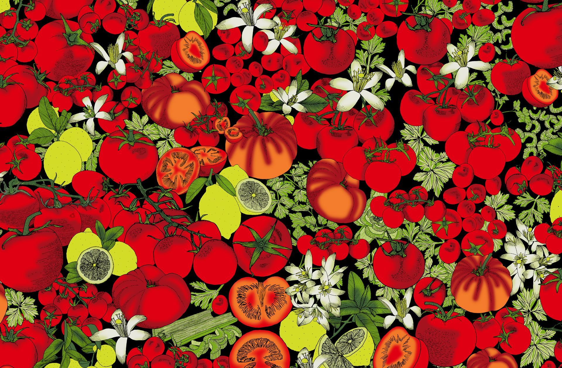 Assorted fresh fruits and vegetables, mostly red tomatoes, with apples, citrus, and greens
