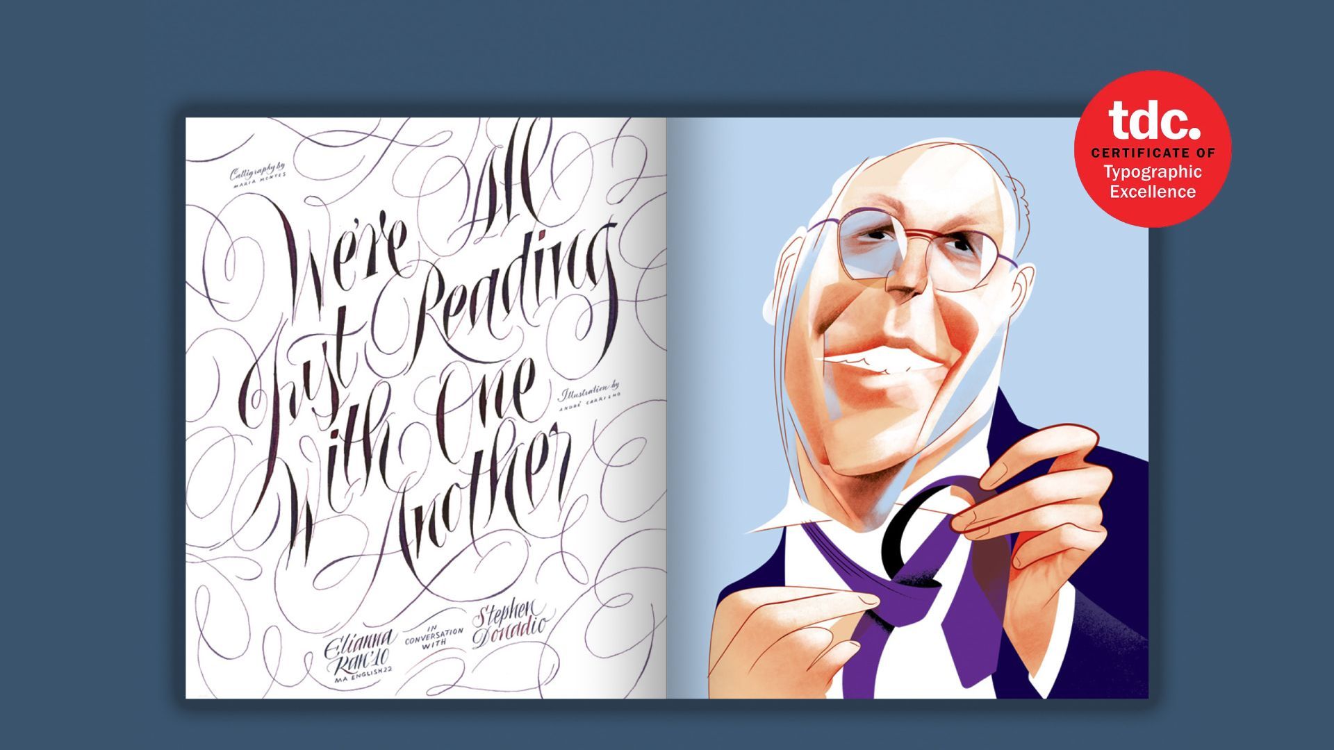 Calligraphy tutorial poster with a hand lettering page and an artist holding a pen on a blue background