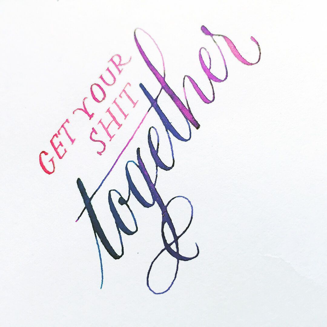 Calligraphy in pink and blue gradient ink reads: