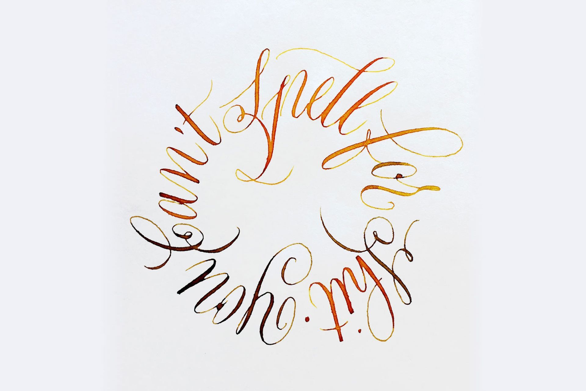 Copper-colored calligraphy arranged in a circle reads: