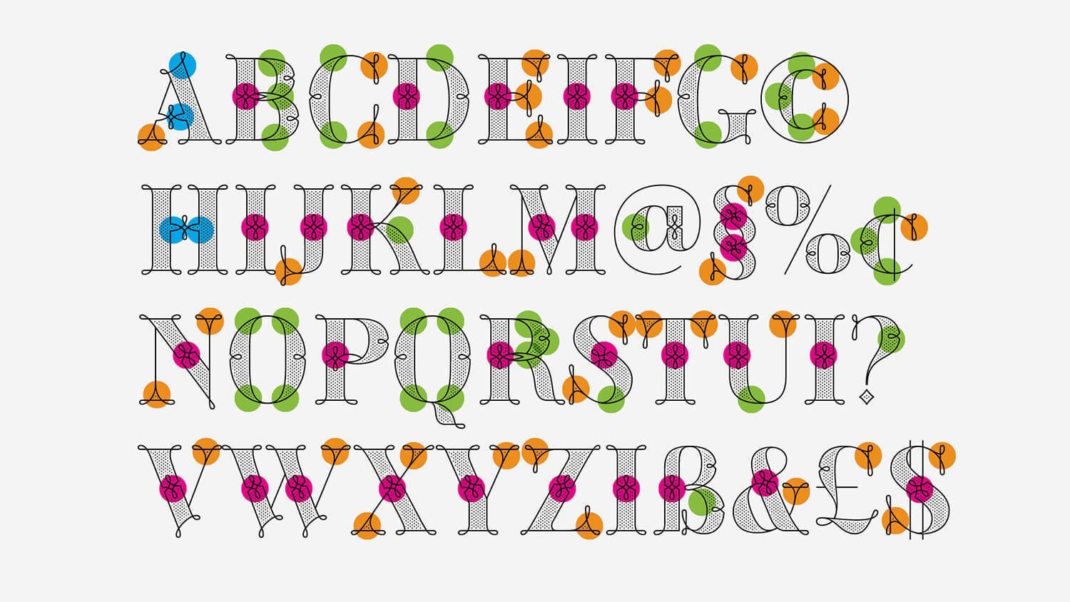 Colorful floral alphabet and numbers arranged in rows on a white background
