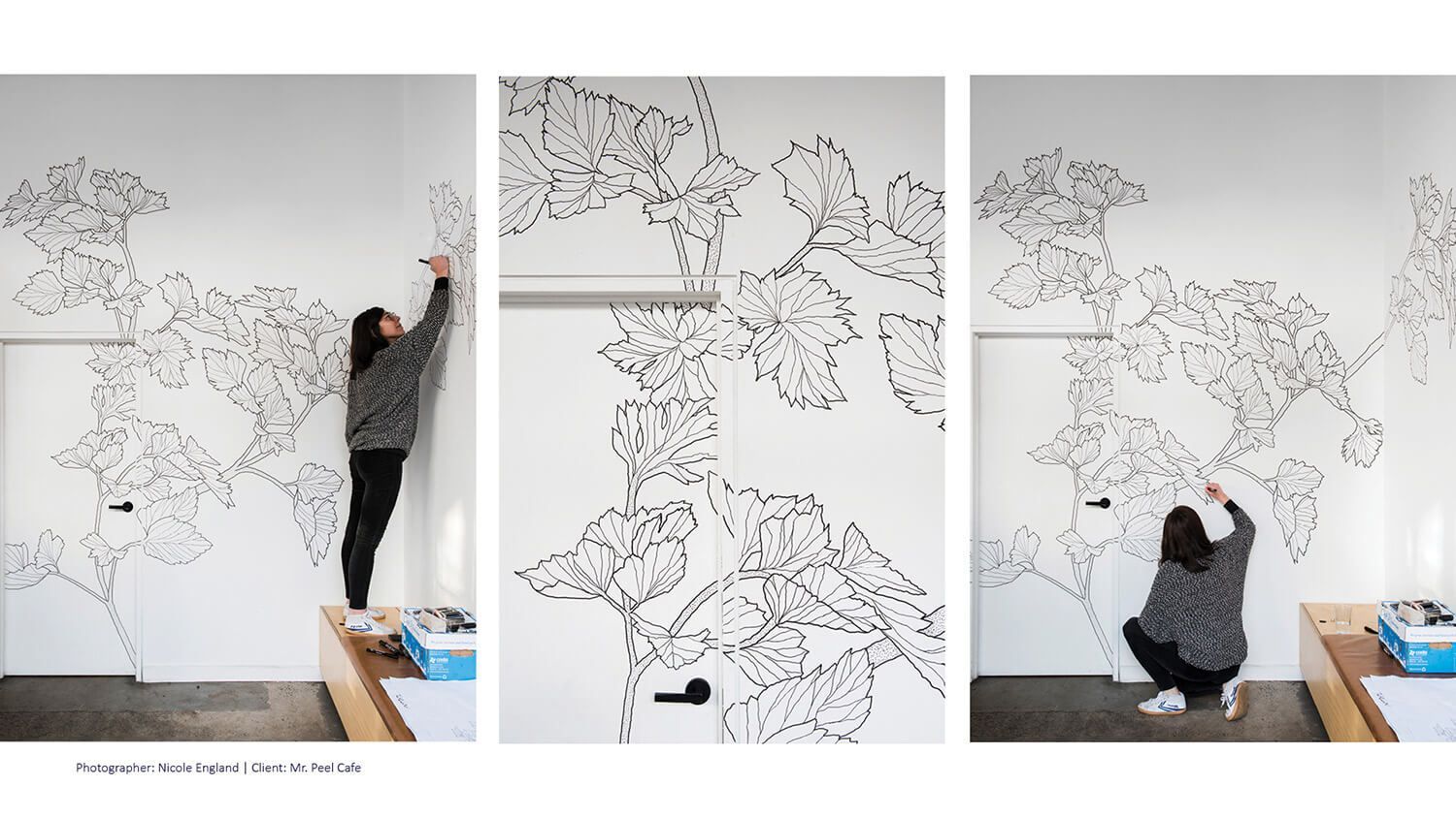 Three views of Maria Montes painting a black line mural across a white wall in a bright room.