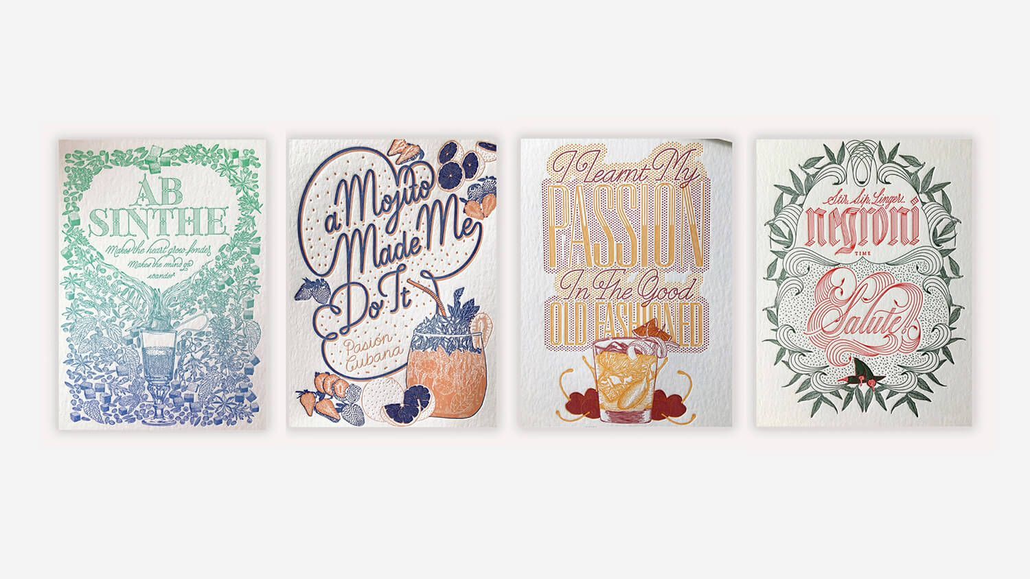 Four decorative floral quote posters in pastel green, navy, gold, and pink.