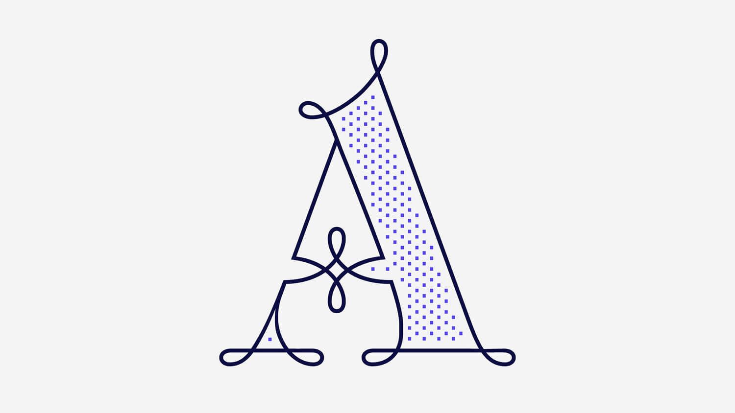 Stylized purple letter A with a dotted fill and decorative looping lines on a light background