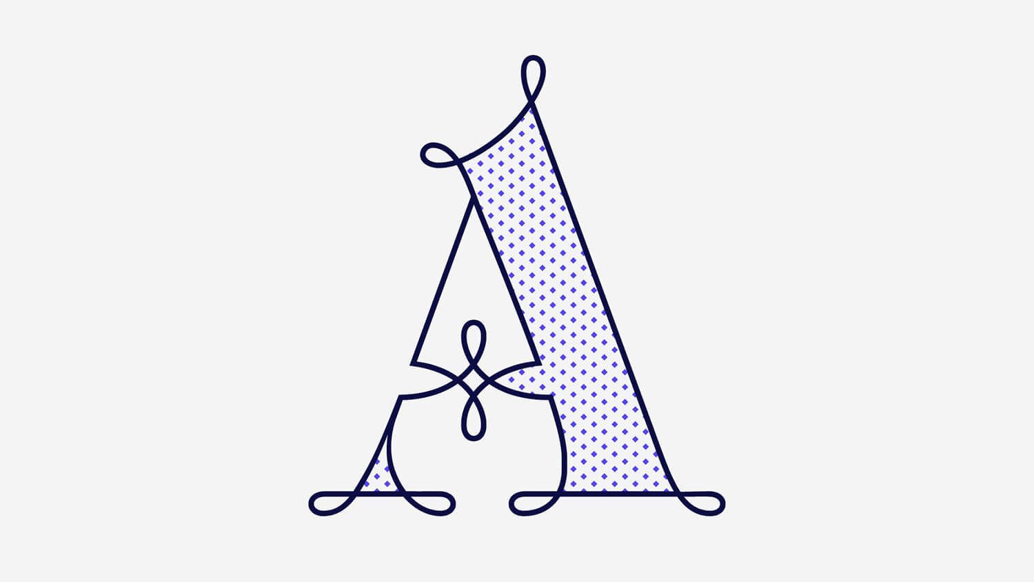 Stylized purple letter A with a dotted fill and decorative looping lines on a light background