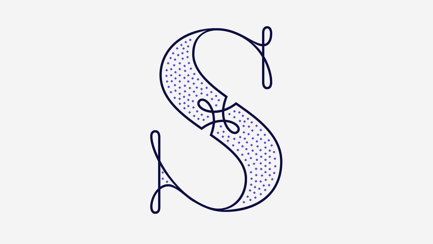 Decorative letter S in pale purple with dotted texture and looped flourishes