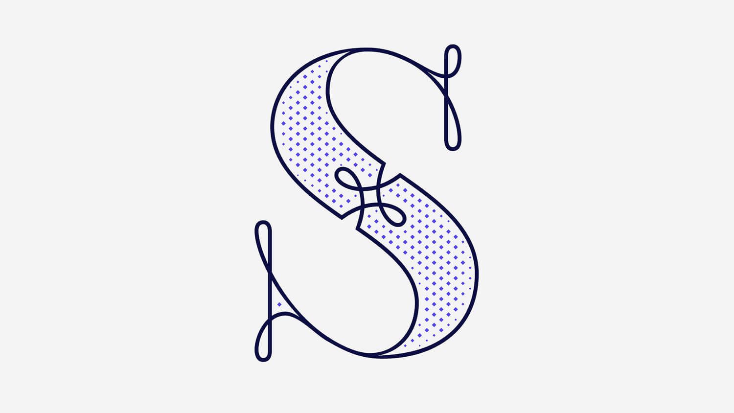 Decorative lavender dotted letter S with navy outline and flourishes