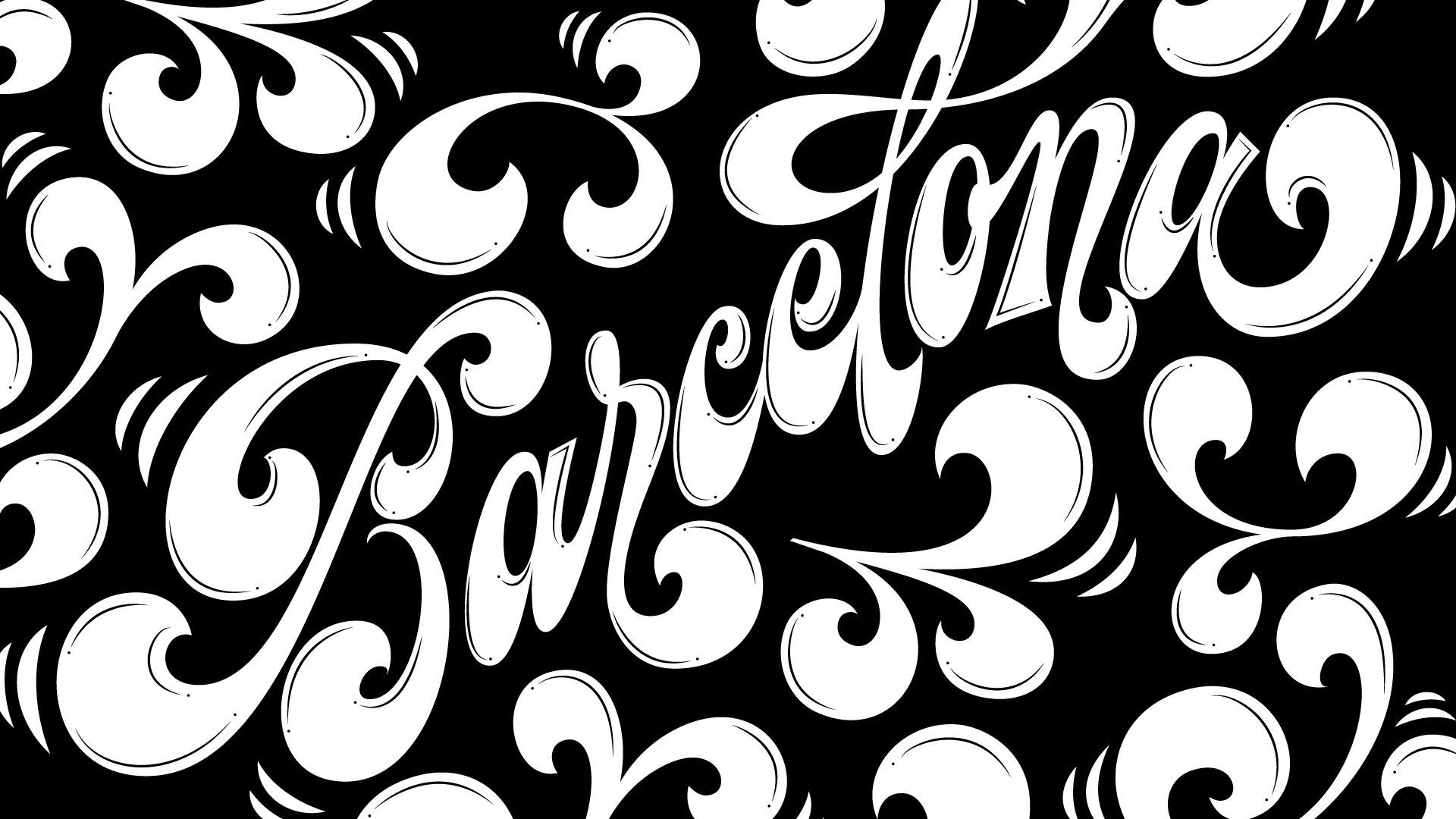 Stylized white script “Barcelona” on a black background with swirling floral flourishes