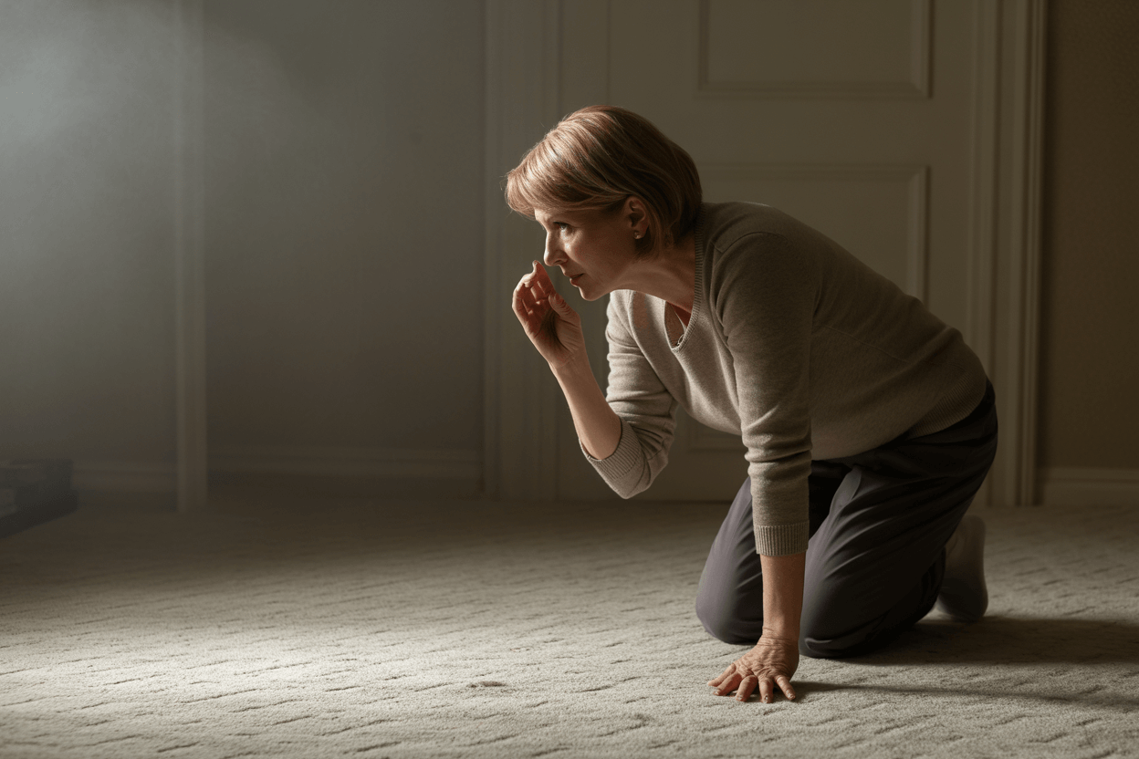 Woman kneeling down on a carpet floor smelling her fingers after touching the carpet.