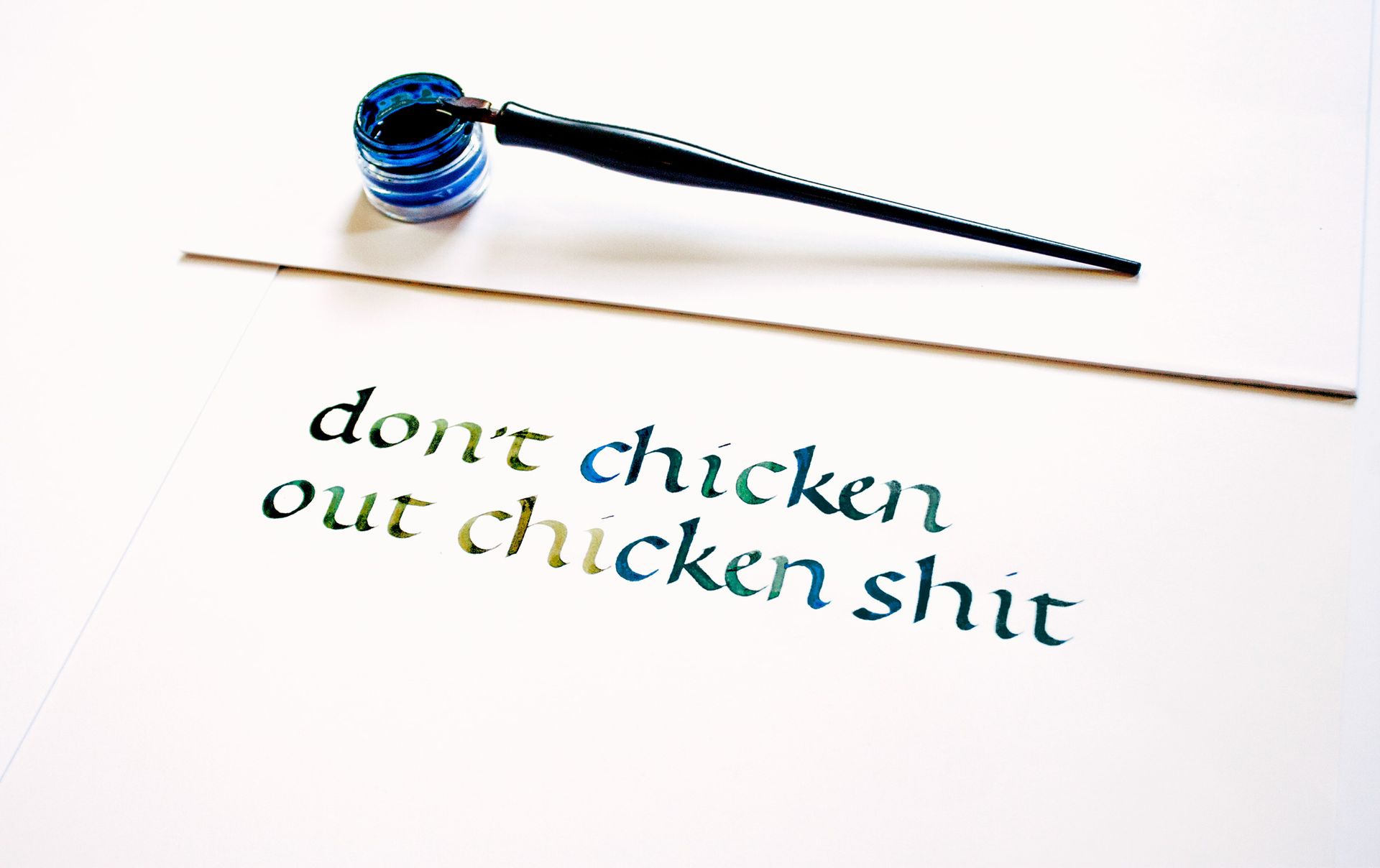Blue fountain pen on white paper with the text “don’t chicken out chicken shit”