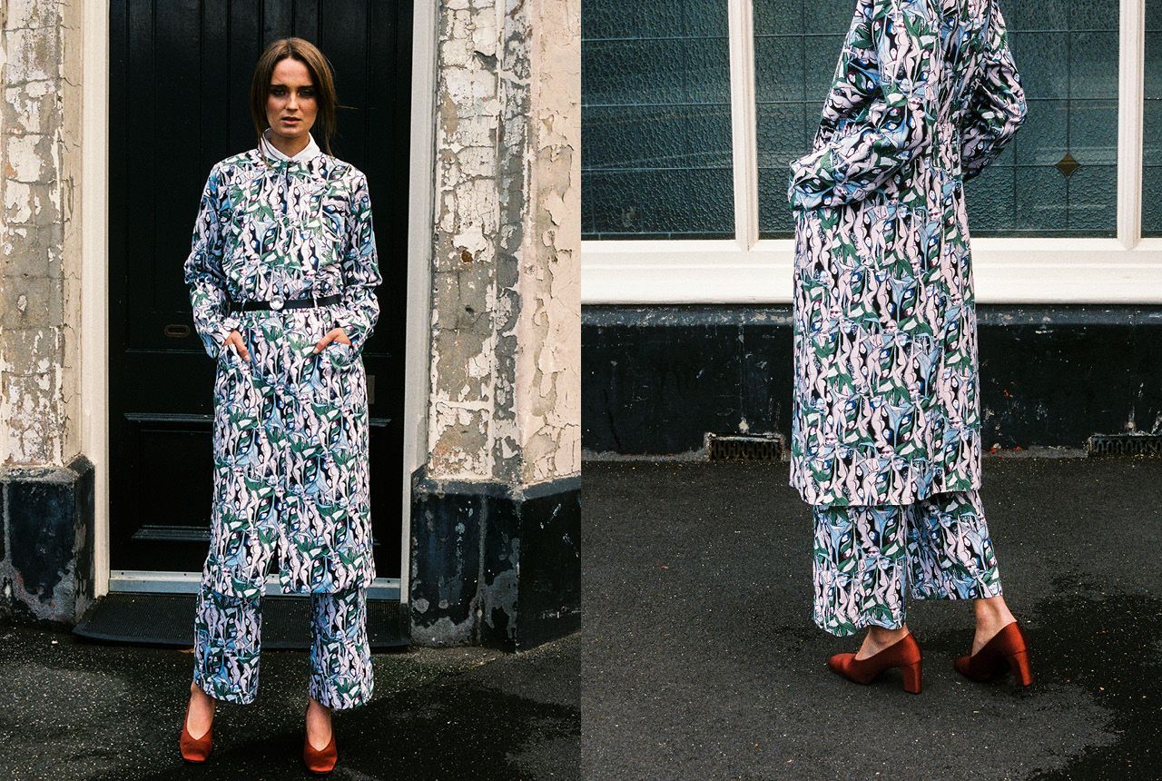 Woman in a floral dress standing outdoors beside a building, shown front and side views.