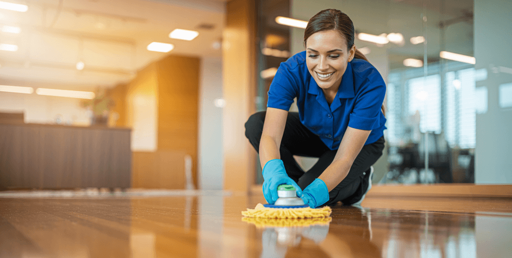 A woman is kneeling on the floor cleaning it with a mop.