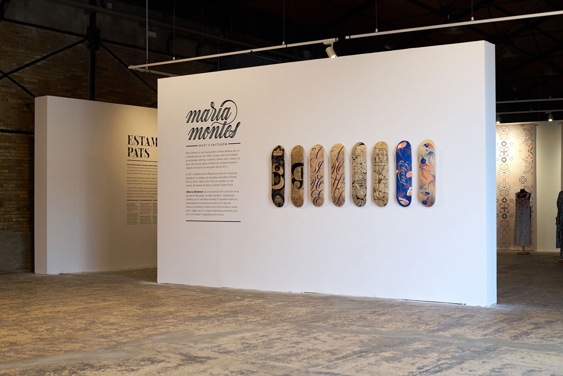 Museum exhibit with a white wall displaying skateboard decks in a gallery space
