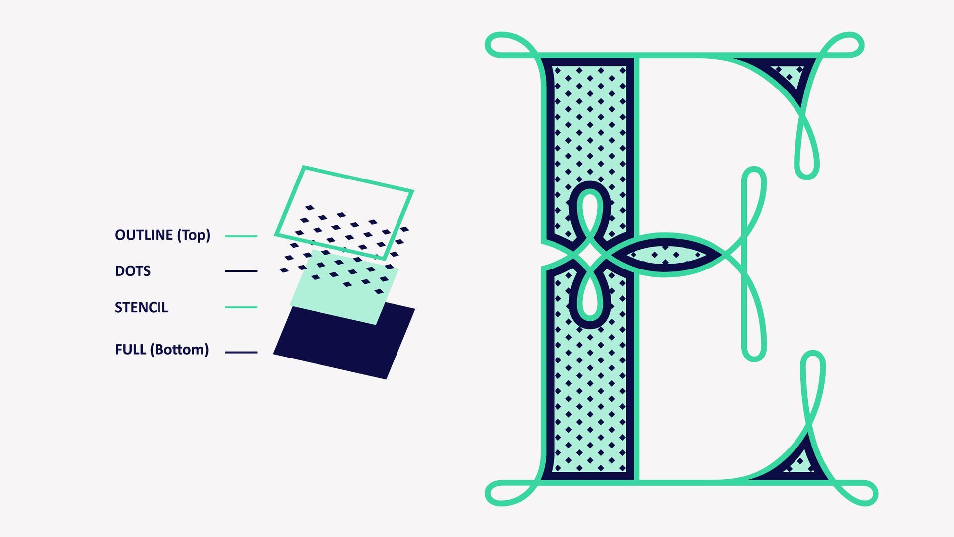 Illustrated teal letter E with a small tilted rectangular graphic beside it on a white background