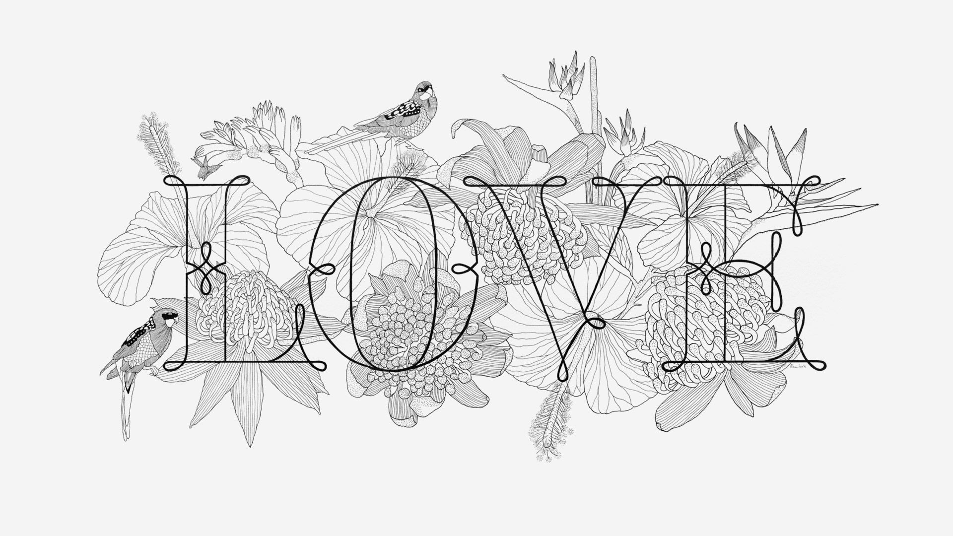 “LOVE” in outlined letters with floral line art and a bird perched on the O.