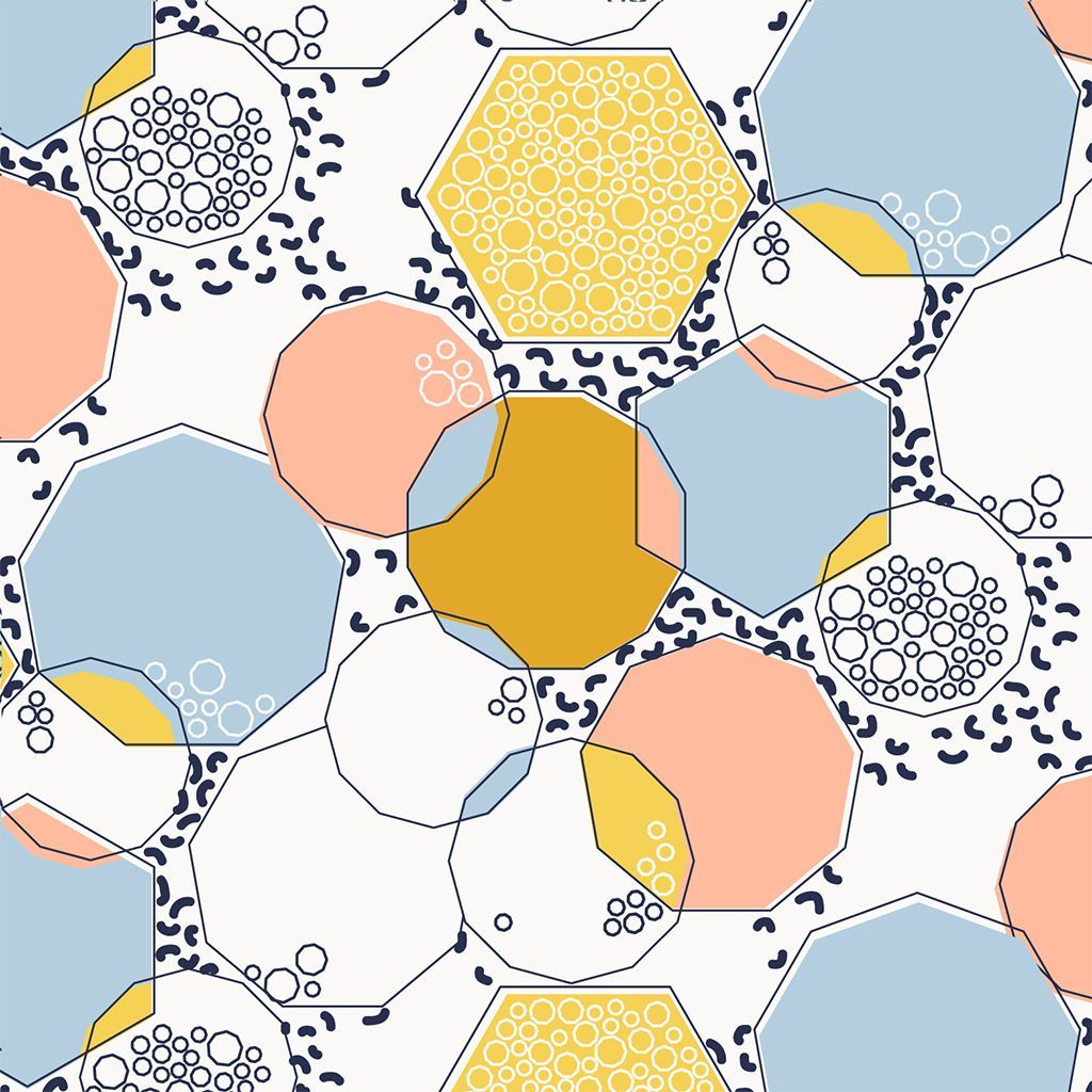 Abstract pattern of pastel hexagons, circles, and dots in blue, yellow, peach, and white.