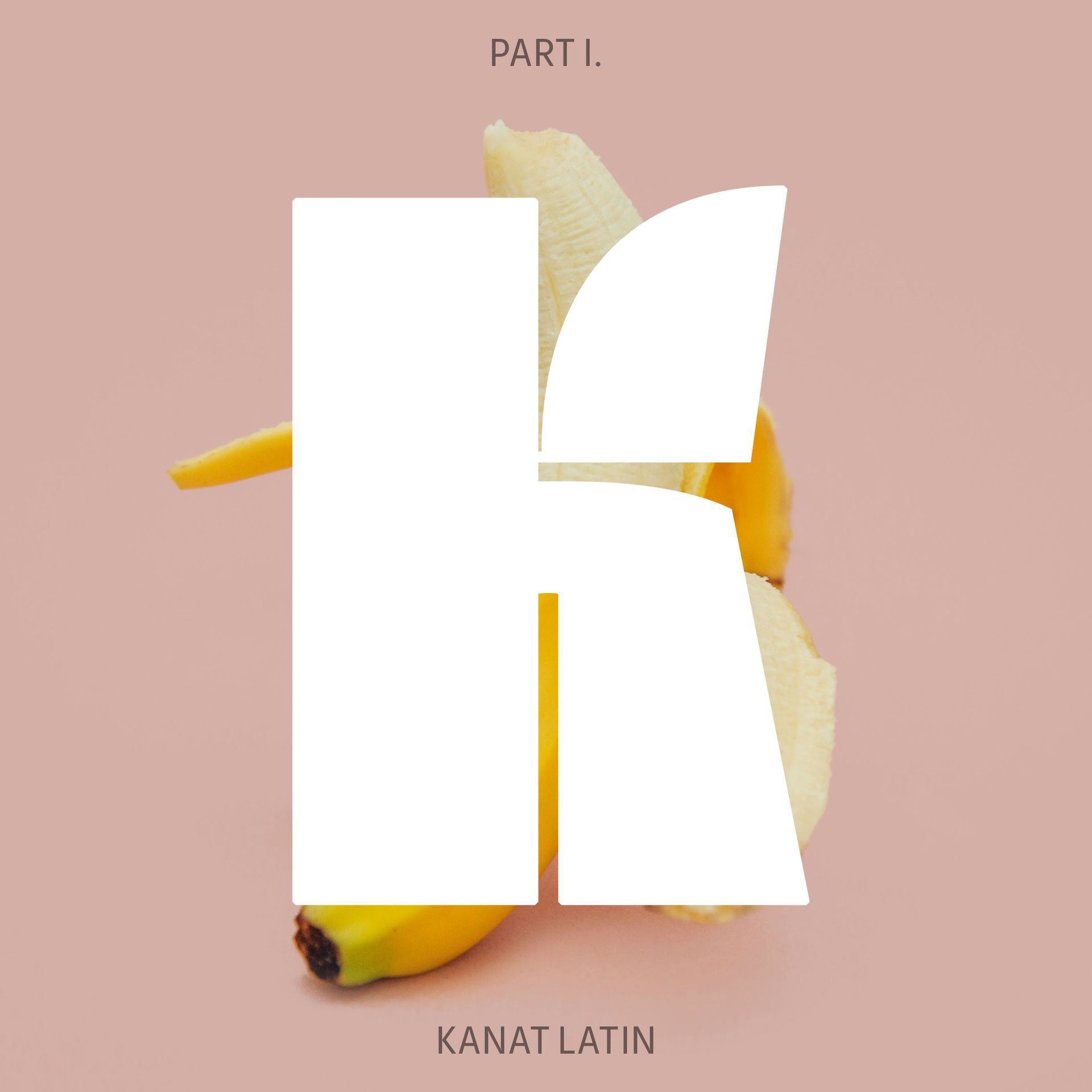 A peeled banana on a light pink background, overlaid with a large white letter 'k' and the text