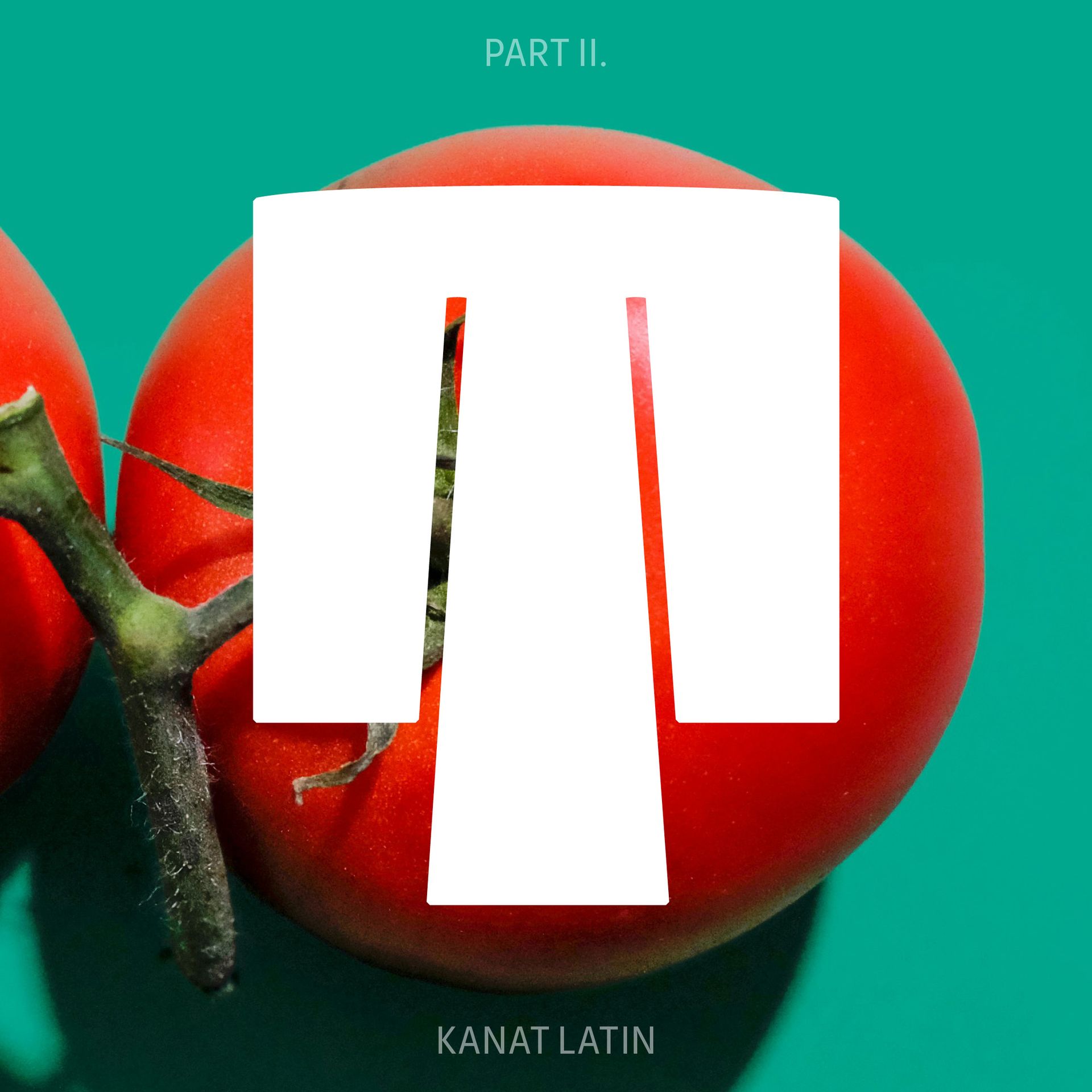 Red tomato on vine with white geometric overlay and small text on teal background.