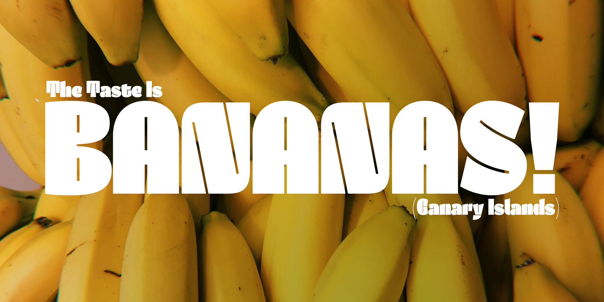 Bananas piled in a yellow background with bold text: “The taste is BANANAS! Canary Islands.”