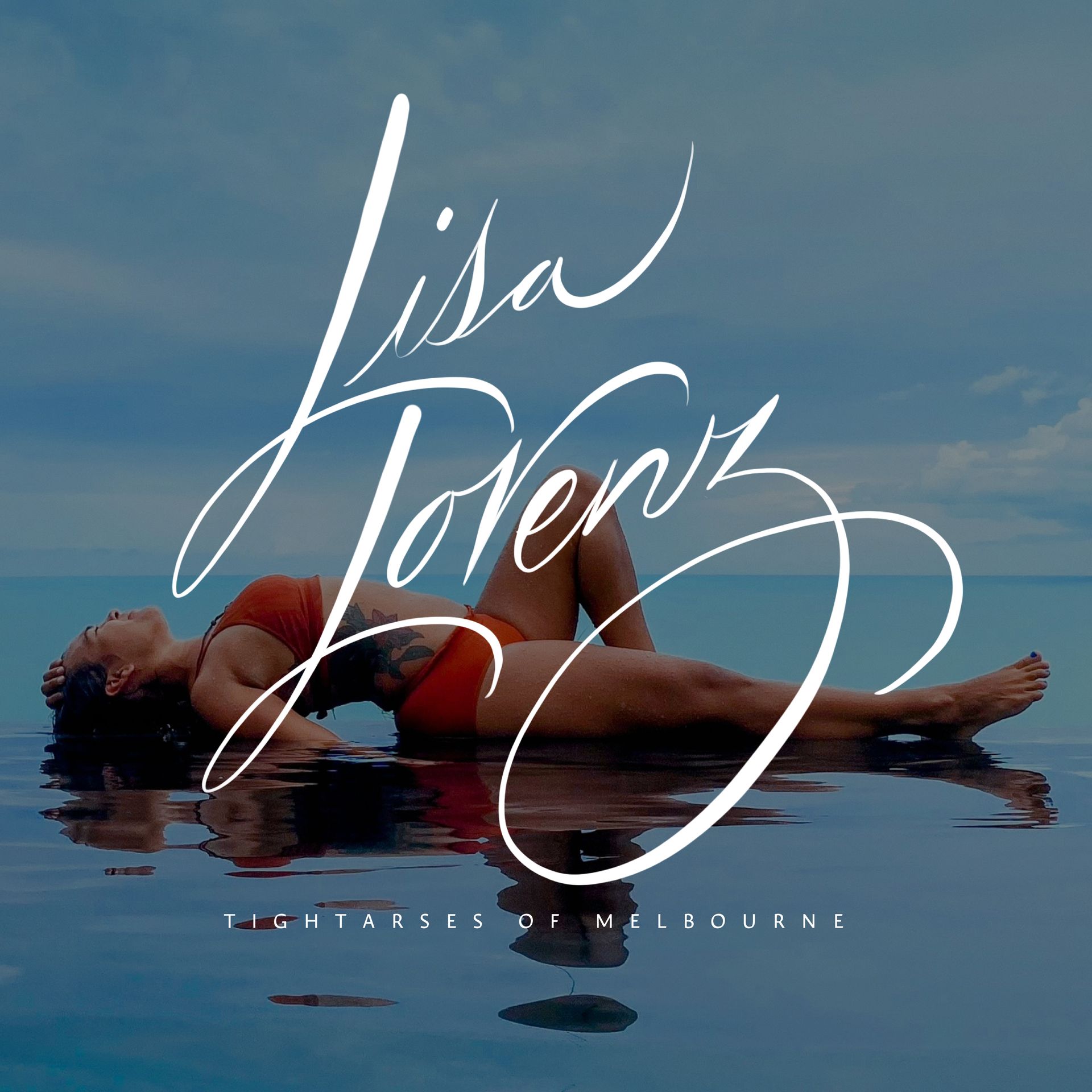 A person in a red swimsuit reclining in an infinity pool at sunset. The text